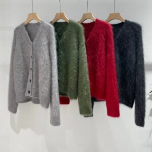 Classic V-Neck 100% Cashmere Brushed Cardigan Single-Breasted Long-Sleeved Knitted Coat Autumn and Winter