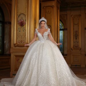 Elegant Long Sleeve Bridal Gown 2025 Charming Deep V Neck Wedding Dress Shiny Applique Floor-Length Gown Customized