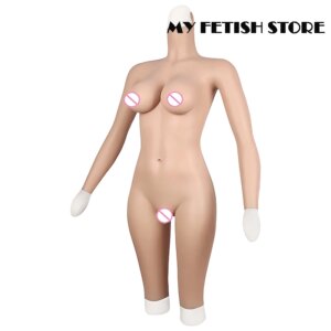 4G Long Sleeves Half Pants to Knee Cross dressing Realistic Soft Silicone D Cup Breast Form Fake Boobs Body Suit With Vagina