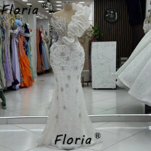 Women White Mermaid Wedding Dress Beaded Crystal Luxury Customized Bridal Evening Gown Celebrity Party Dress Robe de mariee