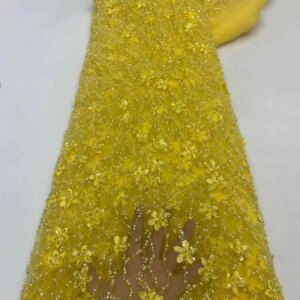 African Beaded Lace Fabric 2025 Beautiful 3D French Lace Fabric Mesh Nigerian Lace Fabrics Sequins For Women Wedding Party Dress