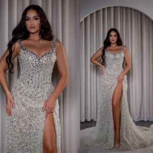 Sparkly Evening Dresses Sweetheart Neck Sleeveless Gown Sequins Crystal Split Side Dress Party Customized Dress