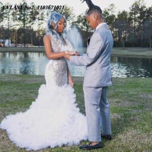 EVLAST Customized Glitter White Mermaid Prom Dress Black Girls Silver Diamond Crystal Beaded African Birthday Party Gown E2P494