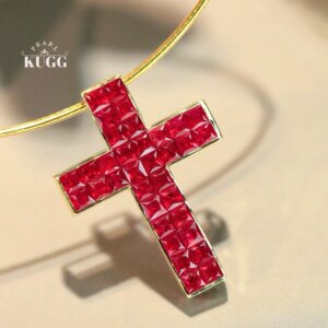 KUGG 100% 18K Yellow Gold Pendant Women Naural Ruby Luxury Gemstone Necklace Pendant Fashion Cross Shape High Party Jewelry