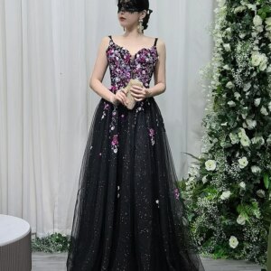 Luxury Black Evening Dress With Embroidery Flower Custom Prom Dress Rear Strap Design For Boutique Graduation Quinceanera YM34