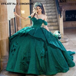 EVLAST Customized Glitter Dark Green Quinceanera Dress Ball Gown Lace Applique Beading Tiered Sweet 16 Vestido De 15 Anos E3Q310