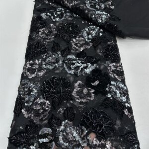 2025 Black High Quality 3D African Net Lace Fabric Sequin Mesh Luxury Heavy bead Embroidered Tulle Fabric for Sewing Dresses