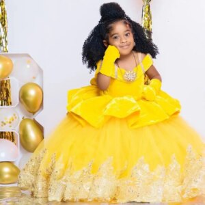 Yellow African Flower Girl Dresses Customized Princess Kids Lace Ball Gown Girls First Birthday Party Dress