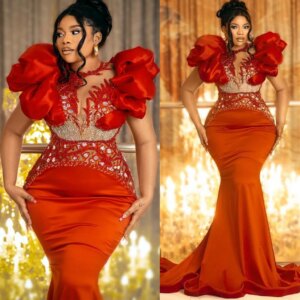 2024 Aso Ebi African Red Mermaid Prom Dresses Satin Beaded Rhinestones Evening Party Second Engagement Birthday Gowns Dress