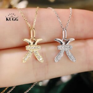 KUGG 100% 18K White or Yellow Gold Necklace Fashion Pisces Design Real Natural Diamond Pendant Necklace for Women Birthday Gift