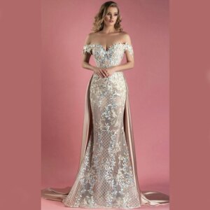 Luxury Appliques Detachable Train Off the Shoulder Mermaid Sleeveless Floor Length Formal Occasion Wedding Gown Evening Dresses