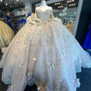 Champagne Off The Shoulder Ruffles Quinceanera Dresses Ball Gown 3D Flowers Beading Appliques Sweet 15 Años Mexican Customized