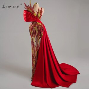 Lowime Exquisite Evening Dresses Mermaid   One Shoulder Sparkles Long Satin Train Party Dresses Customized