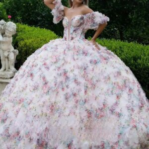 Customized Fashion Light Pink Quinceanera Dresses Flower print long off shoulder dress floral print skirt Vestidos De 15 Años