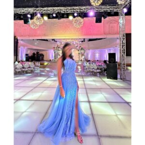 Contessa Dubai Blue Beaded Side Slit Wedding Dress Strapless Sleeveless vestidos de noche Floor-Length فساتين سهرة Customized