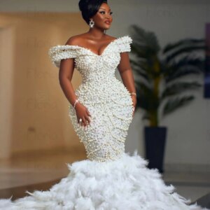 Floria Luxury Mermaid Feathers Wedding Dresses Sparkly Crystals Bridal Gowns Plus Size Dubai Vestidos De Novia 2024 свадебное пл