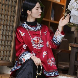 Acetic acid heavy embroidery double cardigan hand disc button new Chinese style lady dress