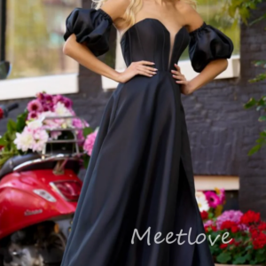Meetlove 2024 Customized A-Line Off Shoulder Half Detachable Sleeves Side Slit Satin Floor Length Prom Party Dress Evening Dress