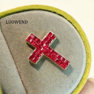 LUOWEND 100% 18K Yellow Gold Pendant Shiny Cross Pendant Natural Ruby Gemstone Necklace Pendant for Women High Party Jewelry
