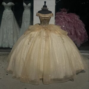 Champagne Shiny Ball Gown Quinceanera Dress 2025 Applique Beads Bow Tull Tiered Sweet 16 Dress Formal Party Vestidos 15 De XV