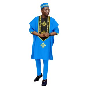 Africa Clothes for Men Dashiki Outfits Embroidery Robe Top and Pants Matching Hat Bazin Riche Children Kid Muslim Sets