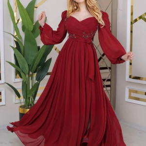 A-Line Puff Sleeves Fashion Saudi Strapless Prom Dresses Burgundy Chiffon Sequined Evening Gowns Formal Party Dresscustomized