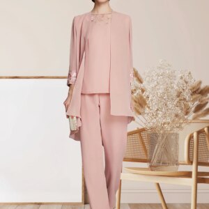 Pantsuit 3 Piece Mother of the Bride Dress Formal Wedding Guest Jewel Neck Floor Length Chiffon Lace 3/4 Length Sleeve 2025