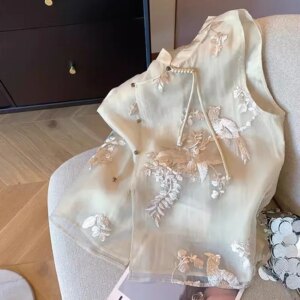 New Chinese heavy industry embroidery oblique collar waistcoat women’s national style sleeveless skinny chic vest