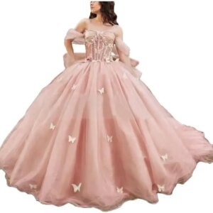 Party Dress with Bow Train Spaghetti Strap Sweet 15 16 Ball Gowns Sparkly Vestido De15 Años 3D Butterfly Quinceanera Dress