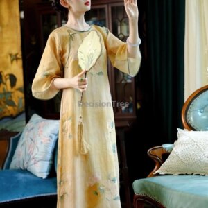 2025 chinese ancient style round neck open front qipao classical exquisite printed luxury qipao loose leisure elegant dress h013