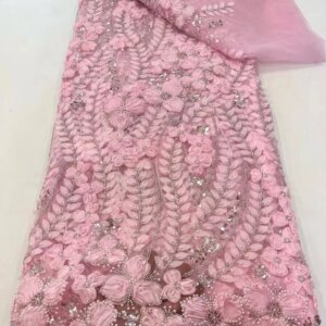 Luxury Beaded Lace High Quality Fabric 2025 Latest Pink Applique Flower Lace Embroidery Tulle Lace Fabric For Wedding Dr W628-1