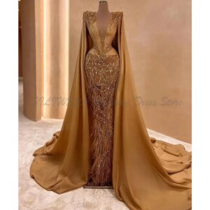 Gold Evening Dress Sleeveless V Neck Lace Capes Satin Beaded Appliques Sequins Feather Floor Length Celebrity Formal Prom Dress