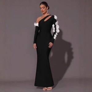 Little Daisy CustomizedFashion Dress Skew Collar 3D Flower Decorate Hollow Out Slim Back Split Bandage Dresses All Season