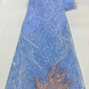 2025 Luxury Light Luxury African Sequins Beaded Lace Fabrics Blue Nigerian Tulle Lace Fabric For 5yards Wedding Party Sewing