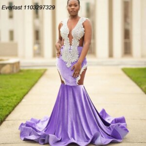 EVLAST Customized Lavender Velvet Prom Dress Black Girls Silver Daimond Beaded For African Party Gown Vestidos De Gala TPD65
