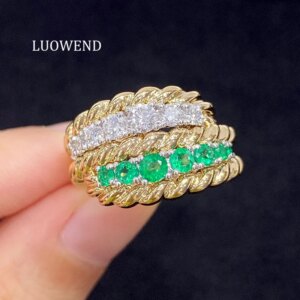 LUOWEND 100% 18K White+Yellow Gold Rings Luxury Style Natural Diamond Shiny Emerald Engagement Ring for Women Fine Jewelry