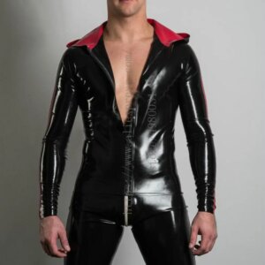 Cool men’s black latex hoodie coat with red stripes decorations made of 0.4mm thickness natural latex materials