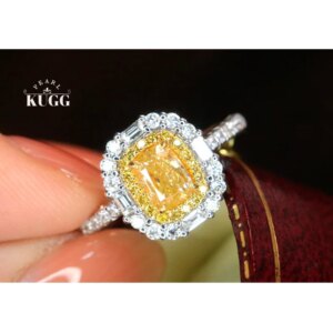 KUGG 100% 18K White Gold Rings Luxury Shiny Design 1.0carat Natural Yellow Diamond Engagement Ring for Women High Party Jewelry