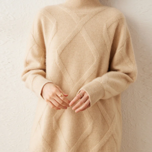 BirdTree, Elegant Long Cashmere Wool Sweaters, Women High Collar Thicken Soft, Fashion Loose Sweater, Autumn Winter Top T48603QM