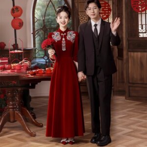 Cheongsam Toast Bride Engagement Wedding Evening Dress Red 2025 New Spring Velvet Long Sleeves  Formal Dress Women Elegant sexy