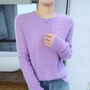 Women’s cashmere sweater, autumn and winter wool pullover, casual knitted shirt, round neck, loose top, fashionable cut-out bott