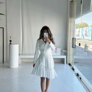 FLORINE TULIRAIN V-neck Full Sleeve Short White Knee-length Ruffle Wedding Evening Dress Cocktail Prom Gown For Sexy Women