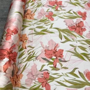 Pink iris printed twill stretch silk fabric elegant dress