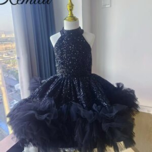Luxury Black Girl Dress Sequined Kids Princess Birthday Wedding Party First Communion Gown