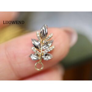 LUOWEND 18K White +Yellow Gold Necklace Women Fashion Leaf Shape Real Natural Diamond Pendant Necklace and Earrings Jewelry Set