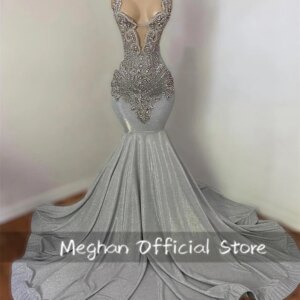 New Arrival 2025 Sparkly Silver Diamonds Mermaid Prom Dress Halter Rhinestones Wedding Party Birthday Evening Gown Customized