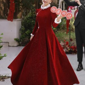 Chinese Qipao Toast Dress Asian Bridal Wine Red Engagement XiuHe Dresses Women’s Autumn and Winter Warm Clothing Girl