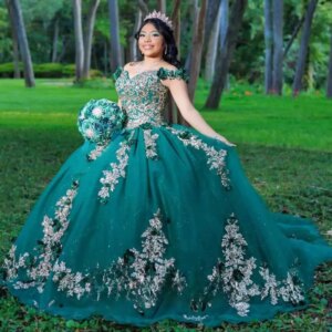 Customized Green Gorgeous Ball Gown Quinceanera Dresses for Girl Off the Shoulder 3D Appliques Tulle V Neck Abendkleider