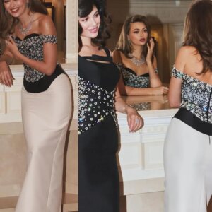 L461 Customized Black and White satin Beaded Mermaid فساتين السهرة vestidos de fiesta  فساتين سهره evening dresses