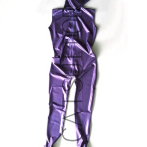 New arrived men’s latex jumpsuit rubber catsuit with cap in metallic purple sleeveless